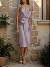abordables Robes de cocktail-Robe cocktail fourreau  colonne robe invitée de mariage robe formelle de mariage longueur thé sans manches décolleté en V robe jaune satin avec nœud(s)