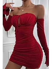 cheap White Graduation Dresses-Women&#039;s Mini Dress White Dress Graduation Dress Bodycon Elegant Fashion Birthday Graduation Date Regular Fit Plain Long Sleeve Off Shoulder Black White Light Green Wine Summer