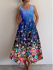 preiswerte Blumenkleider-Damen Midikleid Sommerkleid A Linie Kleid Rückenfreies Kleid Urlaub Lässig Ausgehen Normale Passform Ombre Blumen Grafik Ärmellos U-Ausschnitt Blau Sommer