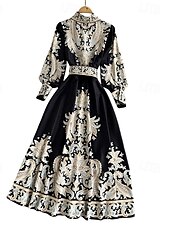 abordables Robes Bohémiennes-Femmes Robe Midi Robe bohème Mode Fête Sortir Week-end Coupe régulière Fleur manche longue Col de chemise Noir Bleu Abricot Été