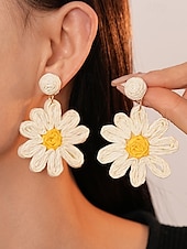 cheap Women&#039;s Earring-&quot;Handmade Raffia Daisy Earrings for Women – Boho Floral Statement Drop Earrings, Lightweight Vintage Jewelry for Summer, Beach, Festivals and Casual Outfits&quot;