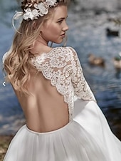 abordables vestidos de novia casuales-Vestidos de Boda Casuales A-Línea Boda de Playa Cuello con Picos Boho Barpque Encaje Manga Larga Cola Barrido Vestidos de Novia de Encaje Chiffon Plisado