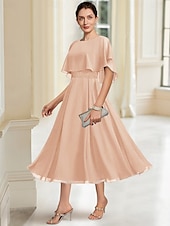 voordelige Vloerlengte-Strand Bruiloft A-Lijn Moeder van de Bruid Jurk Elegante Sierlijke Hals Thee Lengte Chiffon Halve Mouw met Kant maat op maat