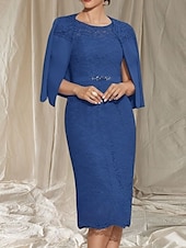 abordables Longueur du thé-Robe Deux Pièces Moulante  Colonne Mère de la Mariée Robe Invité de Mariage Élégante Col Ronde Longueur Thé Manches 3/4 avec Dentelle perles Robe Midi