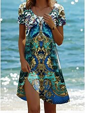 levne Boho šaty-Ženské mini šaty A-line šaty tričkové šaty T-shirt šaty sundress dovolená boho pláž každodenní pravidelný střih geometrické paisley krátký rukáv kulatý výstřih safírová léto
