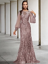 economico Lunghezza del pavimento-Abito madre della sposa a sirena per invitati a matrimoni elegante brillante scollo gioiello strascico/traine in chiffon maniche lunghe con applicazioni in paillettes 2025 taglia personalizzata