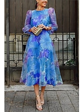 abordables Robes fleuries décontractées-Femmes Robe Midi Robe Fleurie Robe Imprimée Mode Classique Moderne Manches bouffantes Vacances Sortir Week-end Coupe régulière Fleur manche longue Col ras du cou Bleu Rose rouge Été