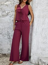 cheap Sets-Women&#039;s Active Basic Linen-Inspired Sets Two Piece Sets Vest Sleeveless V Neck Solid Color Lace up Casual Daily White Wine Dark Navy Summer Regular Fit