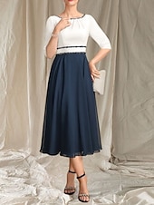 preiswerte Teelänge-A-Linie Brautmutterkleid Hochzeitsgast Elegantes Rundhals Tee-Länge Chiffon Satin Halbarm mit Perlen Raffung Midi Kleid 2025