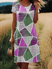 tanie Sukienki w paski i geometryczne-Mini sukienka dla kobiet sukienka w kształcie litery A sukienka T-shirt sukienka letnia stylowa casual codziennie regularny krój graficzna geometryczna krótki rękaw okrągły dekolt niebieska fioletowa