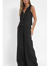 cheap Sets-Women&#039;s Active Basic Linen-Inspired Sets Two Piece Sets Blouse Sleeveless V Neck Solid Color Dubbele Rij Knopen Vacation Casual Daily Black White Wine Summer Regular Fit