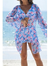 abordables Maillots de bain trois pièces-Femmes Maillots de Bain Trois Pièces Shorts Maillot de bain Tropical Tenues de plage Fleur Fil en V manche longue Maillots de bain
