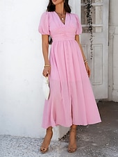 preiswerte Einfaches Kleid-Damen Maxi Kleid A-Linie Kleid Einfarbig Fit And Flare Kleid Puffärmelkleid Lässig Urlaub Täglich Reguläre Passform Grafik Kurzarm V-Ausschnitt Schwarz Gelb Pink Himmel Blau Sommer