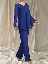 cheap Floor Length-Jumpsuit / Pantsuit 3 Piece Mother of the Bride Dress Wedding Guest Elegant Crew Neck Floor Length Chiffon Long Sleeve with Beading