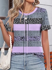 preiswerte Streifen- und geometrisches T-Shirt-Damen T Shirt Grafik Geometrisch Farbblock Lässig Kurzarm Rundhals Normale Oberteile Täglich Druck Purpur Sommer