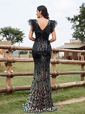 abordables Robes de Soirée-Robe de Quinceanera Sirène  Trompette Élégante Robe Mariage Mariée Invitée Longueur de Sol Sans Manches Col en V Spandex avec Sequins