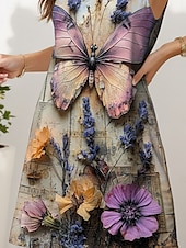 preiswerte Blumenkleider-Damen Minikleid Sommerkleid A Linie Kleid Schulterfreies Kleid Urlaub Lässig Täglich Ferien Strand Normale Passform Blumen Grafik Schmetterling Ärmellos Rundhalsausschnitt Purpur Sommer