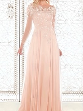 economico Lunghezza del pavimento-Abito A-Line madre della sposa Ospite di matrimonio Elegante Collo illusione Lunghezza pavimento Chiffon Pizzo Maniche lunghe con Applicazioni in pizzo 2025 misura personalizzata gratuita