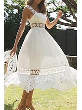 cheap White Graduation Dresses-Women&#039;s Midi Dress White Dress Graduation Dress Elegant Fashion Modern Vacation Birthday Going out Regular Fit Plain Sleeveless U Neck White Summer