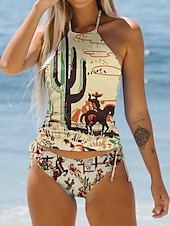 billiga Kentucky Derby-Kvinnors Baddräkter Tankini 2 Delar Cheeky Baddräkt Mage Kontroll Slim Semester Strandkläder Grafisk Bokstav Rund Hals Ärmlösa Baddräkter