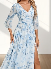 billige Brudepikekjoler-A-Line Brudens mor Kjole Bryllupsgjest Elegant V-hals Gulvlengde Chiffon 3/4 Lengde Erme med Folder Rynket Splitt Foran Bryllupsgjest Kjole 2025