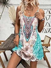 preiswerte Boho Kleider-Damen Mini Kleid A-Linien Kleid Sommerkleid Off-the-Shoulder Kleid Urlaub Lässige tägliche lockere Passform Grafik Bohemian ärmellos U-Ausschnitt Blau Sommer