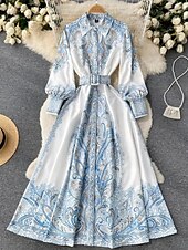 abordables Robes Bohémiennes-Femmes Robe Midi Robe bohème Mode Fête Sortir Week-end Coupe régulière Fleur manche longue Col de chemise Noir Bleu Abricot Été