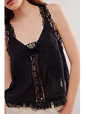 cheap Lace Tops-Women&#039;s T Shirt Blouse Plain Fashion Sleeveless V Neck Regular Tops Going out Weekend Lace Black White Brown Green Summer