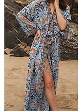 abordables Hauts de plage-Femmes Maillots de Bain Vêtement couvrant Maillot de bain Nœud devant Tropical Tenues de plage Fleur Fil en V manche longue Maillots de bain