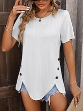 abordables Débardeur Simple-T-shirt Femme Uni Mode Moderne Décontracté Manches Courtes Col Rond Tops Quotidien Week-end Boutons Noir Blanc Violet Fuchsia Été