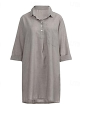 economico disegnare abiti in cotone e lino-Per donna Mini Abito Abiti ispirati al lino Abito in cotone e lino Classico Quotidiano Ferie Uscire Vestibilità regolare Semplice Manica 3/4 Colletto a Camicia Nero Verde Cachi Grigio Estate