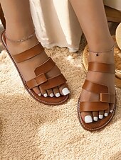 levne Sandály na dovolenou-dámské černé páskové sandály z umělé kůže – minimalistické nazouvací letní boty pro běžné nošení, pláž i dovolenou