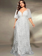 voordelige Onder 129,99 $-Plus Size Jurk Moeder van de Bruid Curve Jurk Elegant V Hals Vloerlengte Polyester Korte Mouw met Kant