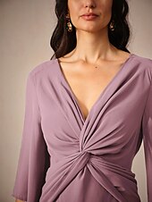 ieftine Rochii Party-rochie de cocktail pentru invitați la nuntă pentru femei șifon uni cu volane răsucite elegantă rochie maxi de vară cu decolteu în V mânecă evazată lungime 3/4