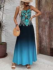 tanie Sukienki boho-Damskie Sukienka maxi Codzienne sukienki Sukienka A line Letnie sukienki Sukienka na ramiączkach Urlop Zabytkowe Etniczne Codzienny Regularny Ombre Graficzny Bez rękawów W serek Niebieski Lato Wiosna