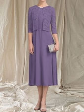 abordables Longueur du thé-Robe Mère de la Mariée A-Line Deux Pièces Invité de Mariage Élégante Col Arrondi Longueur Thé Chiffon Dentelle Manches 3/4 avec Robe Midi Ruchée en Dentelle 2025