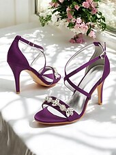 abordables Sandales de Robe-Escarpins à talons aiguilles en satin violet pour femme avec brides en strass – sandales élégantes pour cocktail