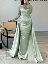 cheap CHAMPAGNE-Mermaid Sequin Evening Gown Ruched Champagne Satin Dress Long Sleeves Masquerade Floor Length Illusion Neck with Pearls Overskirt dress 2025