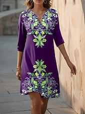 abordables Robe Boho-Robe Mini Femme Robe Shift Formelle Vacances Quotidien Ajustement Régulier Floral Graphique Manches 3/4 Col V Bleu Violet Vert Été Printemps