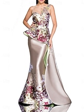 billige blomster-Mermaid Peplum Kjole Kveldsdrakt Elegant Kjole Bryllup Bryllupsgjest Gulvlengde Uten Ermer Crew Utringning Sateng med Blomstertrykk og Brodert Blonder