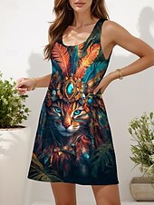 cheap Animals Dress-Women&#039;s Mini Dress A Line Dress Summer Dress Off The Shoulder Dress Vacation Casual Daily Loose Fit Floral Graphic Cat Sleeveless U Neck Orange Summer