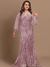 olcso Padlóhossz-Hableány plus size hajlékony menyasszonyi anyák ruhái elegáns ruha formális esküvői vendég söprés  ecset vonal hosszú ujjú ékszer nyakú sifon flitterekkel egyedi méretben