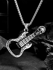 cheap Men&#039;s Jewelry-Men&#039;s Punk Rock Guitar Necklace with Skull Pendant – Stainless Steel Bottle Opener Chain for Music Lovers, Party &amp; Bar Accessories