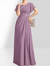 billige Gulvlengde-A-linje Mor til bruden Kjole Bryllupsgjester Elegant Crew Hals Gulvlengde Chiffon Korte Ermer med Pynt Rynking