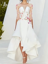 economico abiti da sposa casual-abiti da sposa casual da giardino, a-line, scollo a V, mezza manica, lunghezza al pavimento, abiti da sposa in raso con applicazioni floreali di perline e pizzo, volant 2025