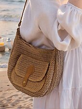 olcso Keresztpántos táskák-női nagy kapacitású, kézzel készített szalmából készült nyeregtáska válltáska - bohém crossbody táska elülső zsebbel, nyári strandtáska, alkalmi utazótáska nyaraláshoz, vásárláshoz és mindennapi használatra