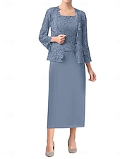 economico Sotto 129,99 $-Set di Abiti Madre della Sposa Abito da Ospite Matrimonio Elegante Semplice Collo Ampio Lunghezza Totale Poliestere Manica Lunga con Colore Solido