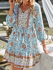 billiga Bohemklänningar-Dam Mini klänning Vardagsklänning Sommarklänning Boho-klänning Mode Utomhus Semester Dagligen Normal Blommig 3/4 ärm V-hals Gul Rodnande Rosa Blå Grön Sommar