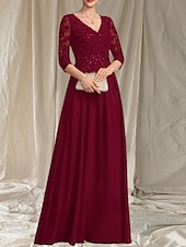 economico Lunghezza del pavimento-Linea ad A Abito da cerimonia per signora Ospite di nozze Elegante Scollo a V Lunghezza al pavimento Chiffon Manica 3/4 con Perline Applicazioni 2025