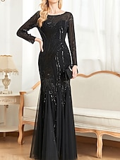 economico NERO-Abito madre della sposa abito elegante festa collo a giro lunghezza a terra cotone misto maniche lunghe con paillettes 2025